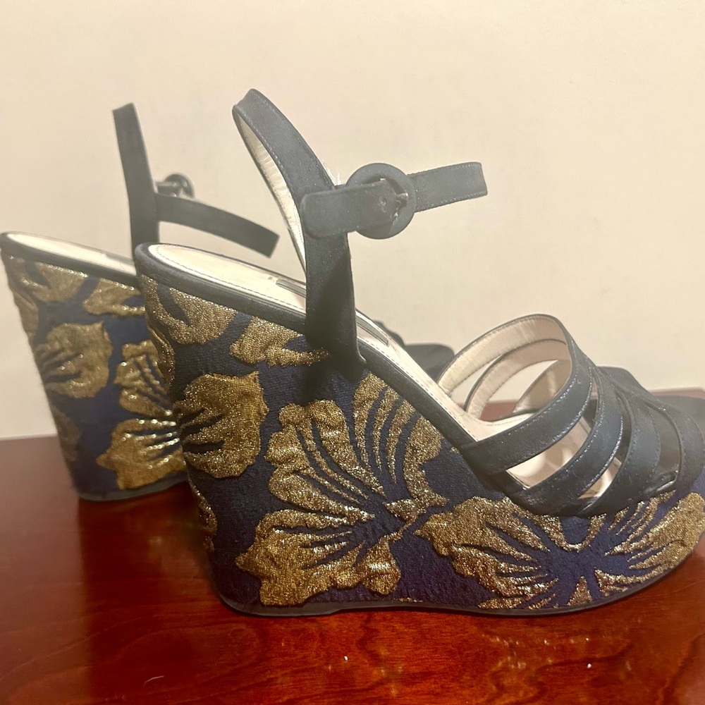 Prada Navy and Metallic Gold Suede Wedge Sandals